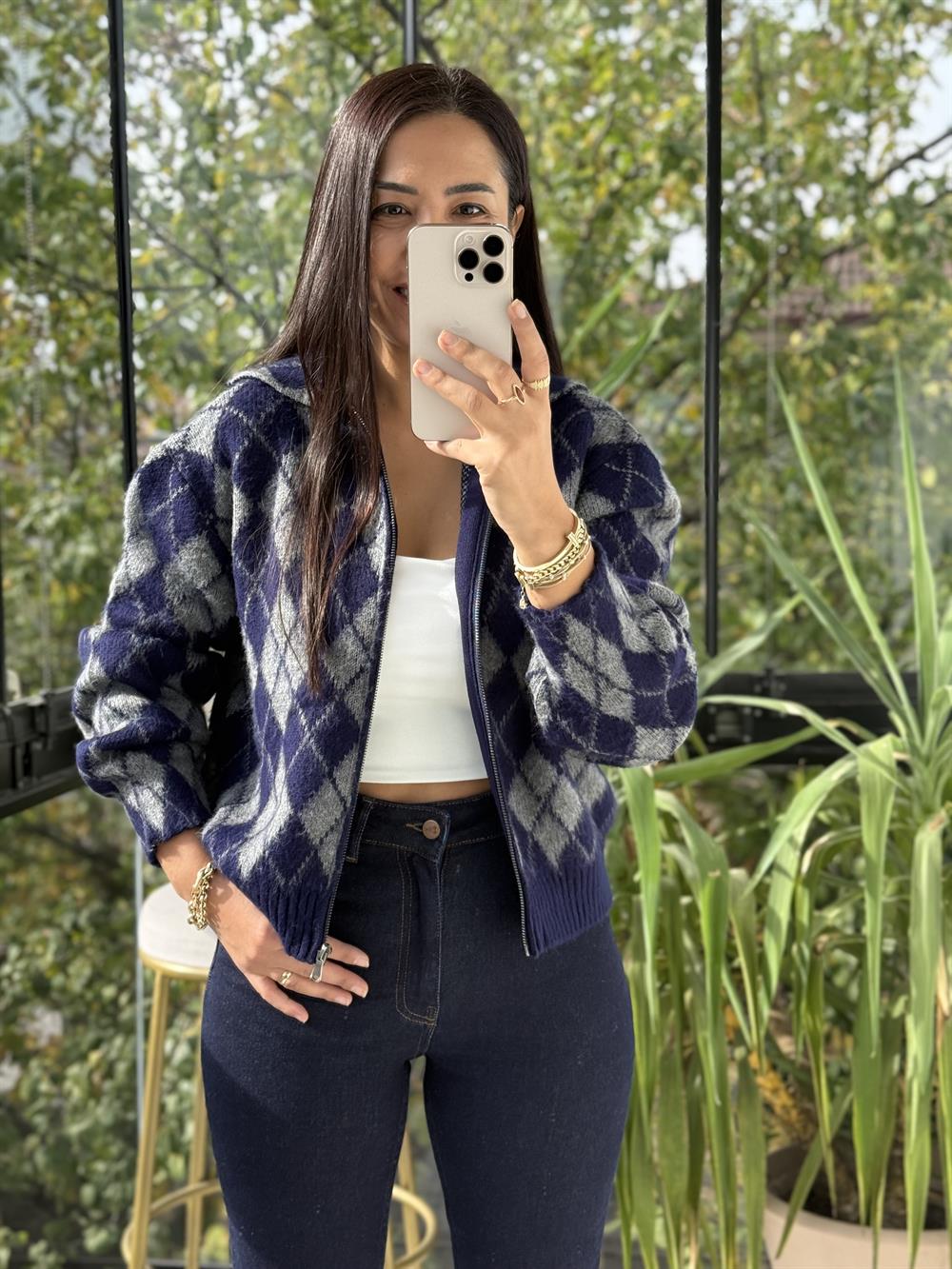 Yakalı Fermuarlı Baklava Hırka Lacivert