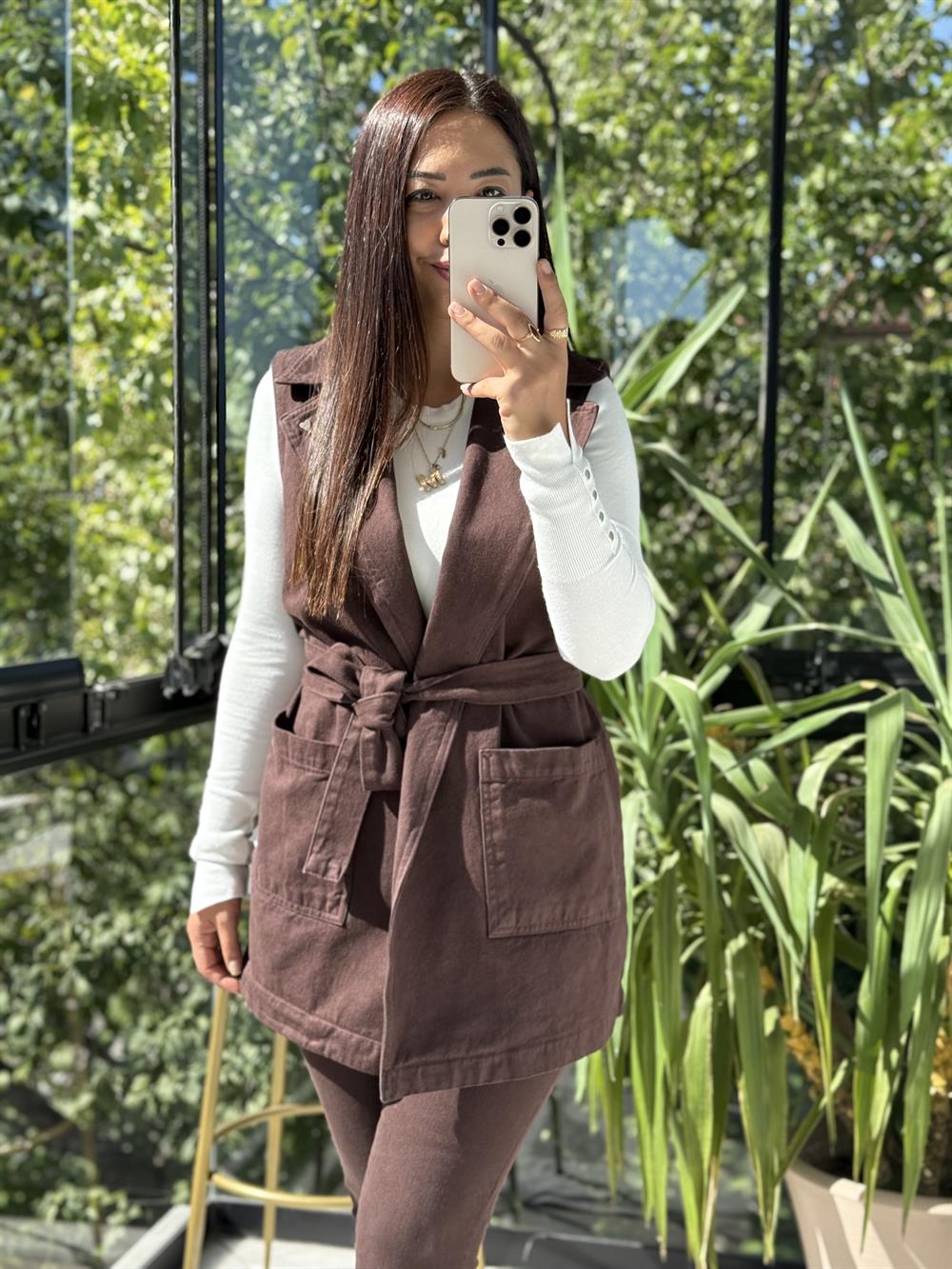 Kuşaklı Kruvaze Yaka Yelek Kahve