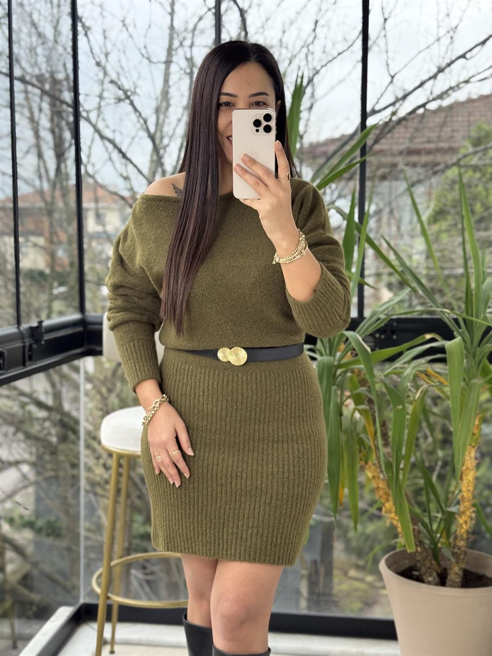 Kısa Kazak Elbise Haki Yeşili