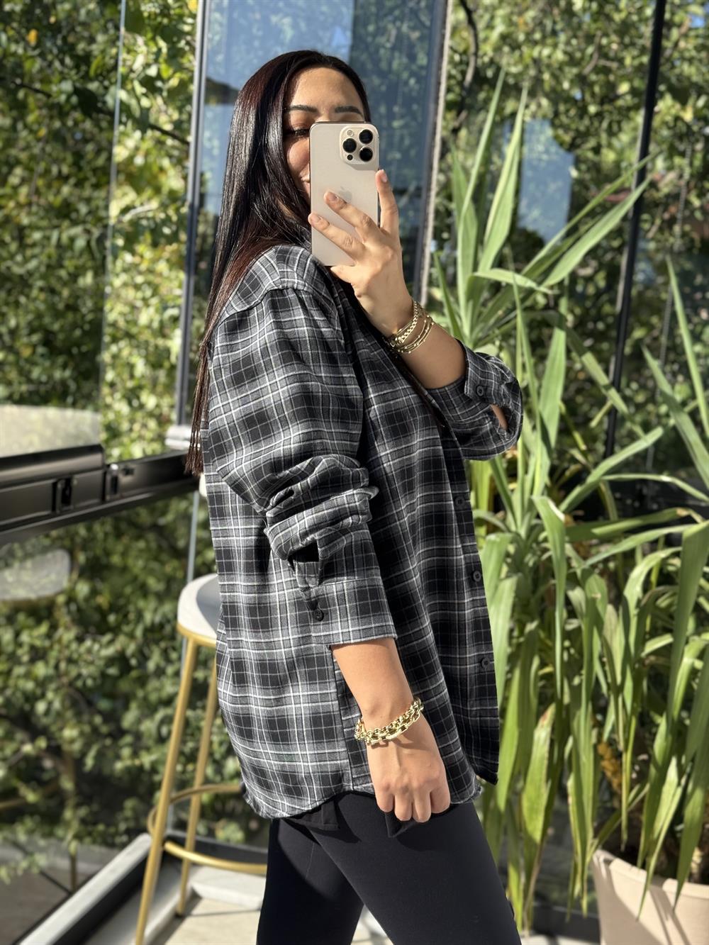 Ekoseli Oversize Gömlek Antrasit