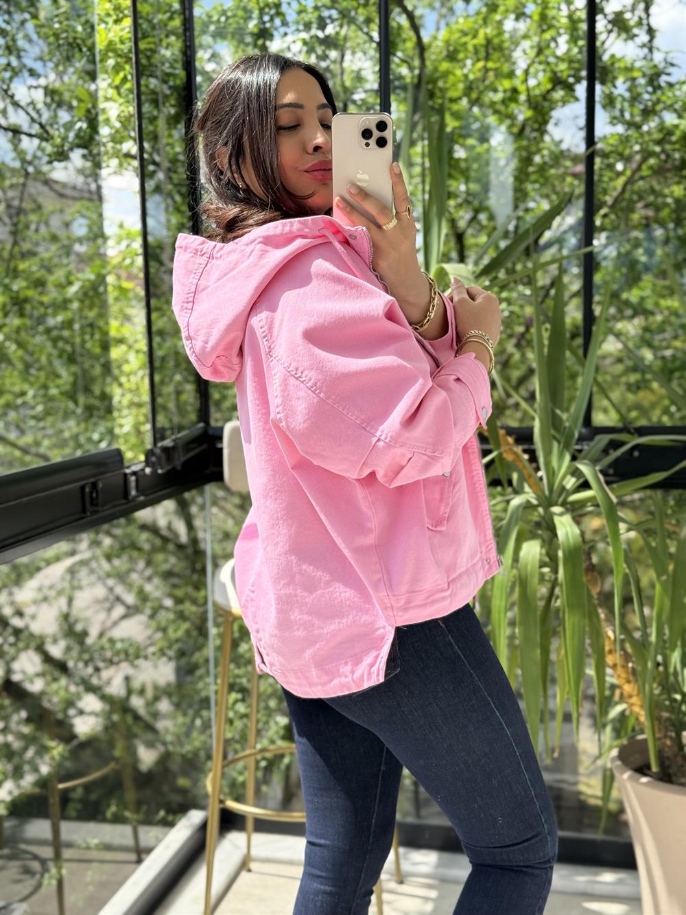 Oversize Kapuşonlu Ceket Pembe