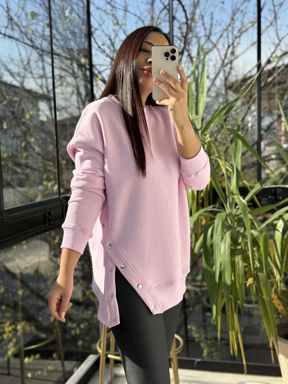 Yanı Çıtçıtlı Sweatshirt Pembe
