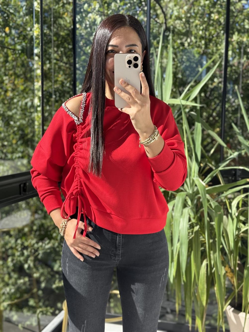 Taş Detay Kordonlu Modal Sweatshirt Kırmızı