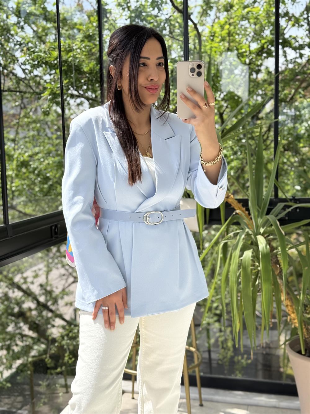 Çift Pileli Şallı Ceket Buz Mavisi