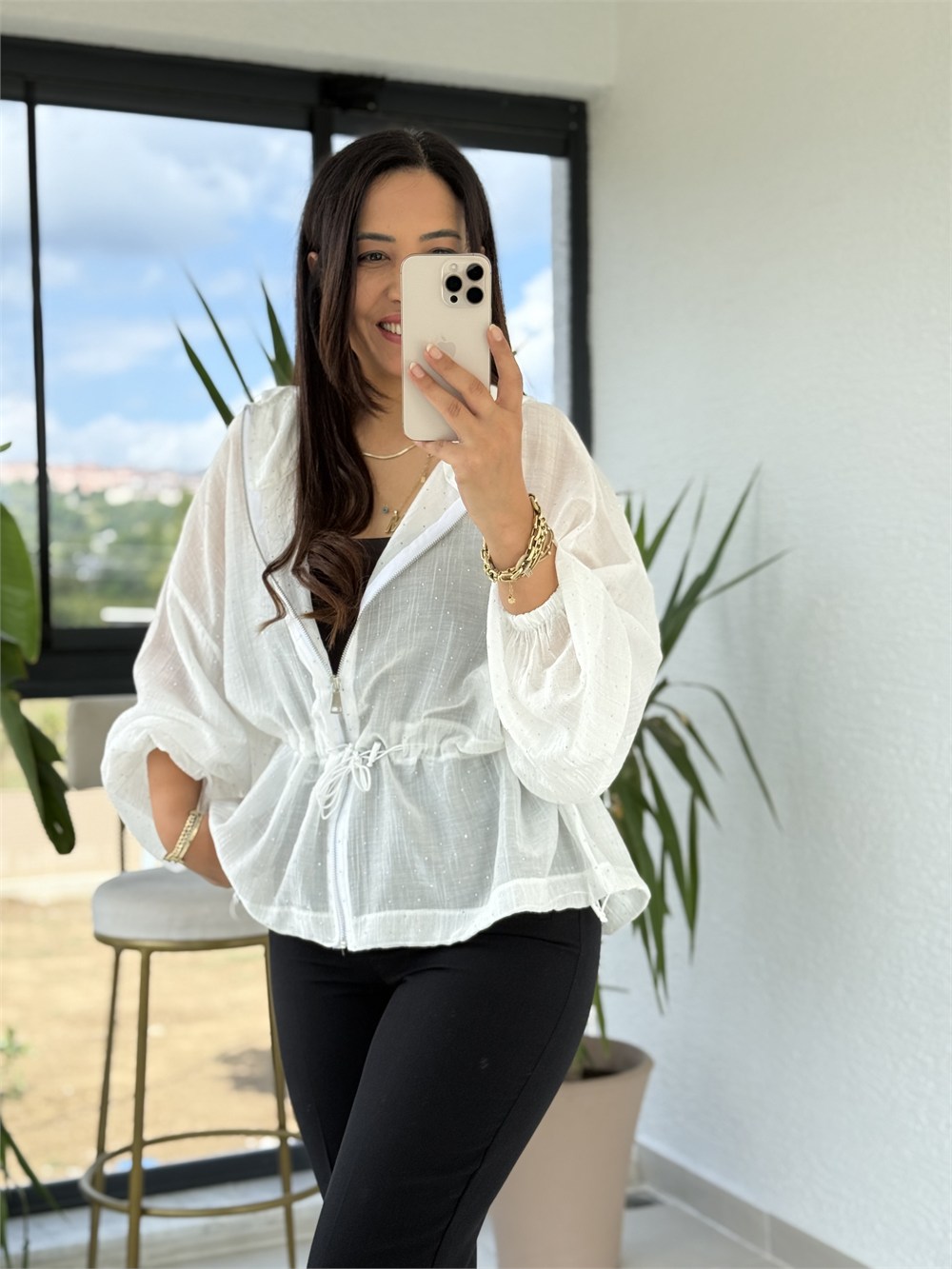 Taşlı Ve Beli Büzgülü Ceket Beyaz