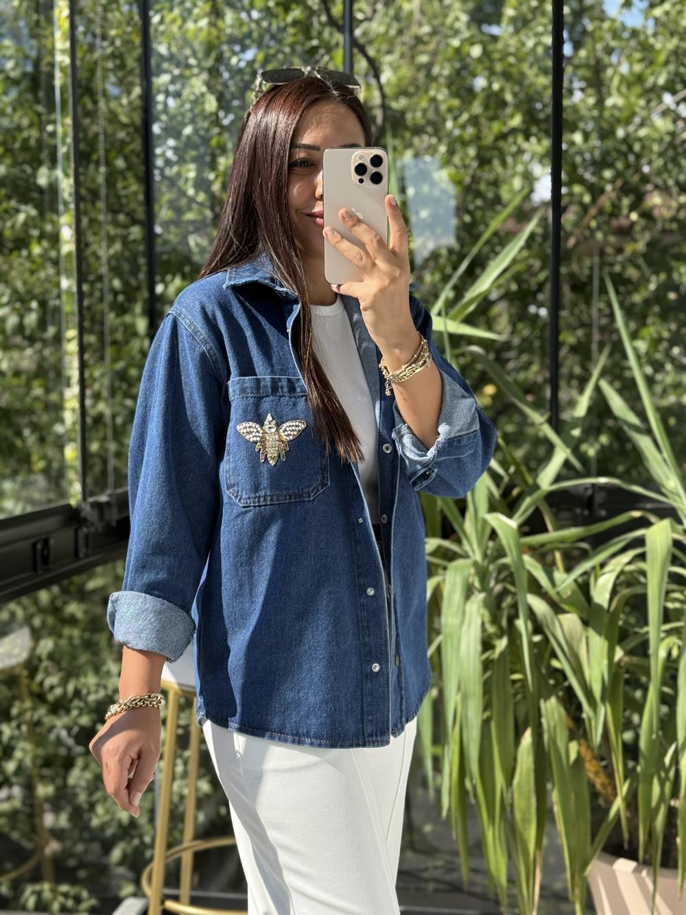 Cebi İşlemeli Baskılı Bymn Gömlek Ceket Mavi