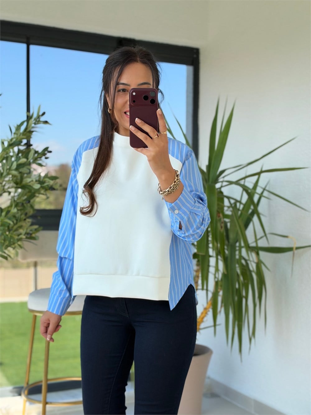 Kolu Ve Arkası Çizgili Poplin Modal Sweatshirt Beyaz