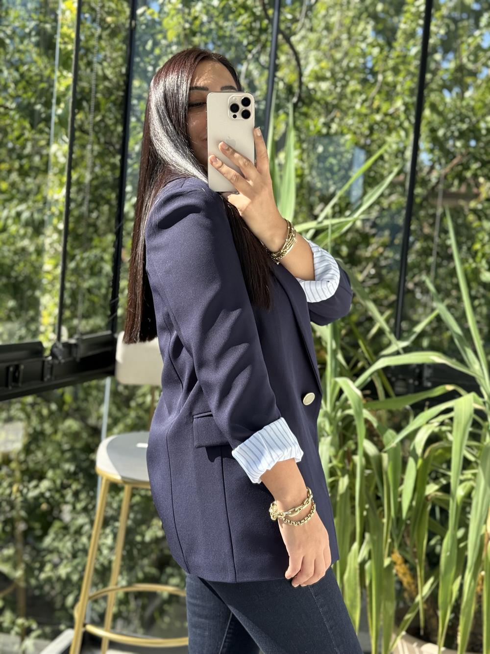 Kol Astarı Garnili Tek Düğme Blazer Ceket Lacivert