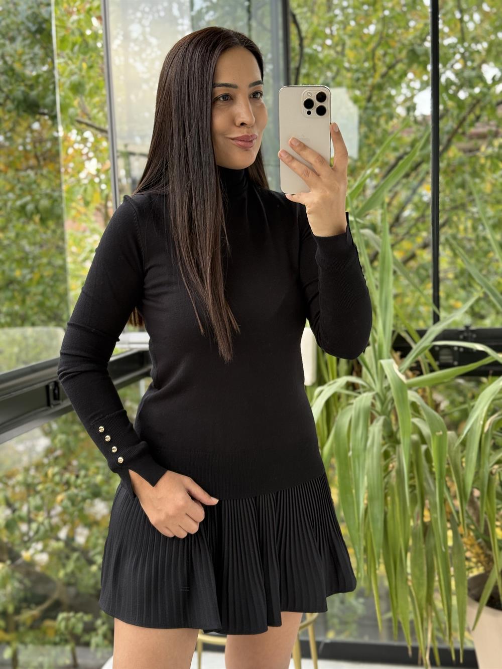 Dilvin Balıkçı Yaka Kol Ortası Droplu Triko Siyah