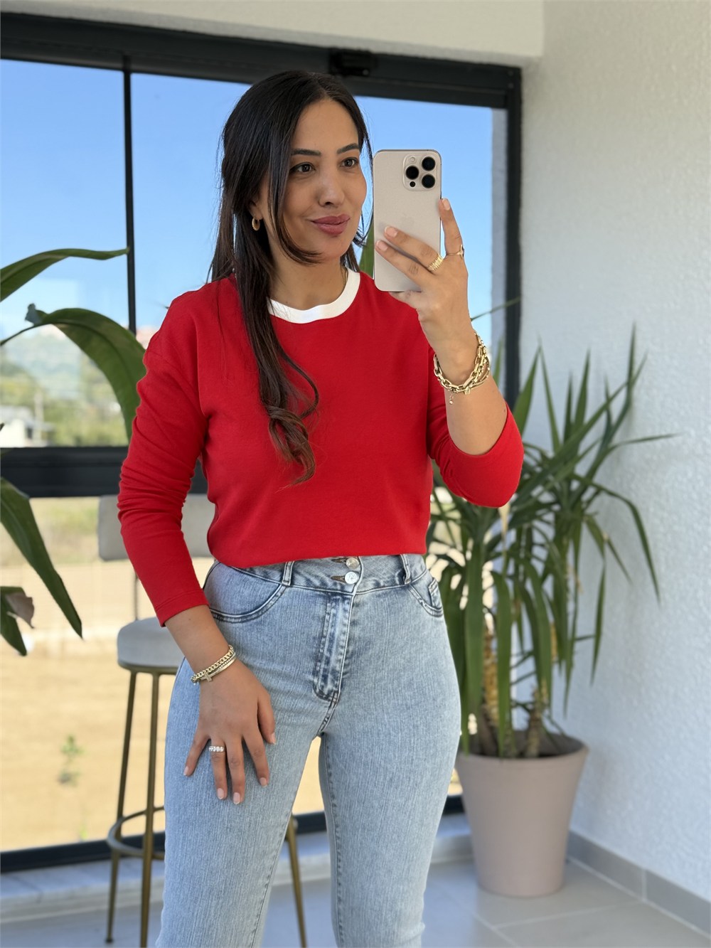 Yakası Biyeli Sweat Bluz Kırmızı