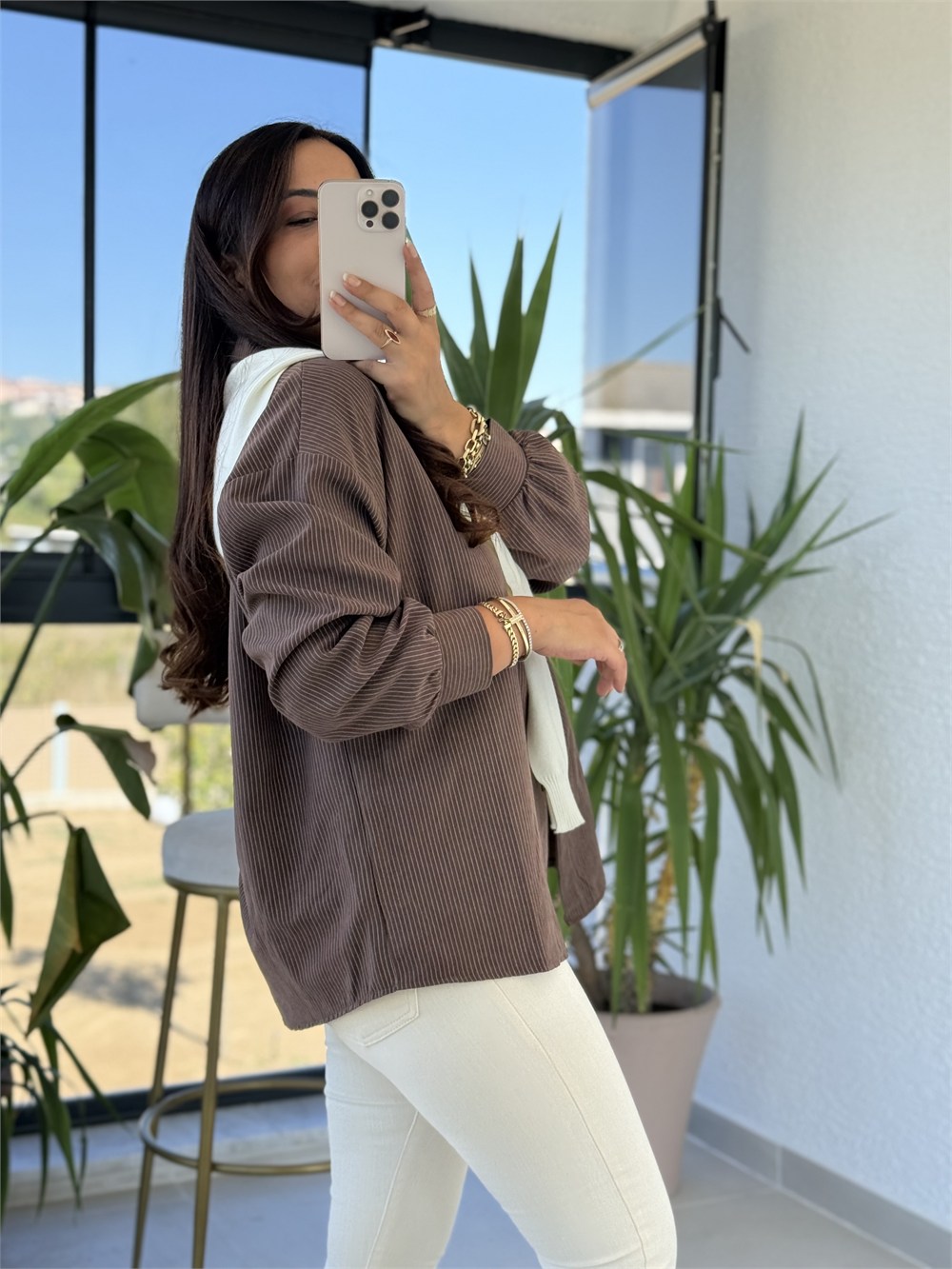 İthal Model Atkı Detaylı Gömlek Kahve