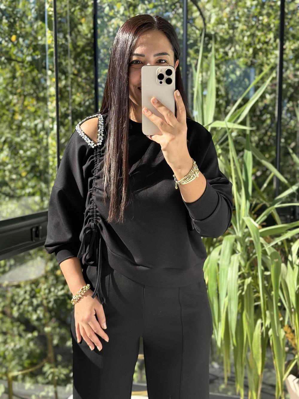 Taş Detay Kordonlu Modal Sweatshirt Siyah