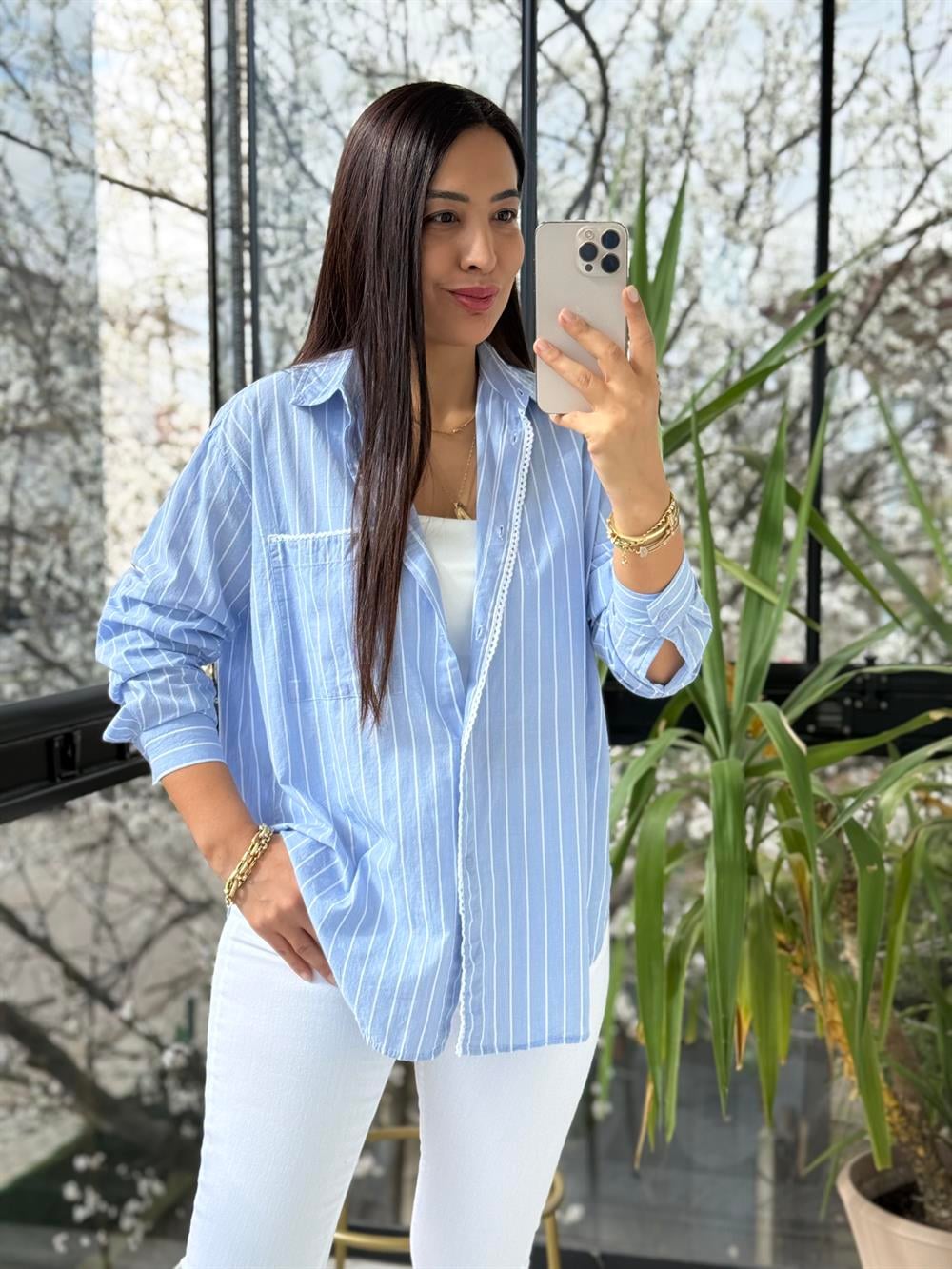 Motif Çizgili Cepli Gömlek Mavi