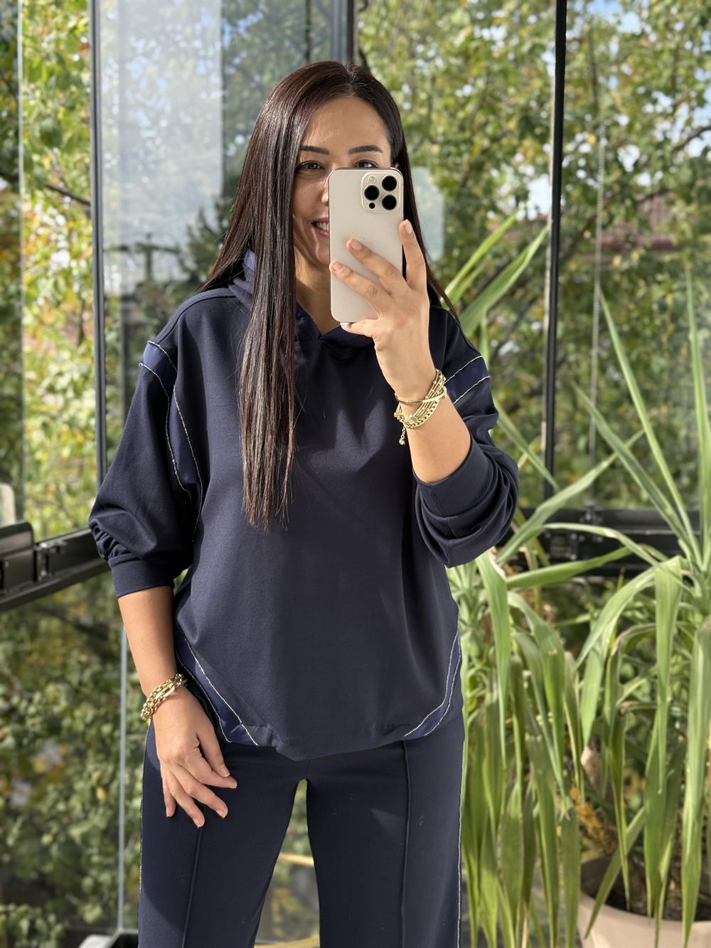 Taşlı Şeritli Takım Lacivert