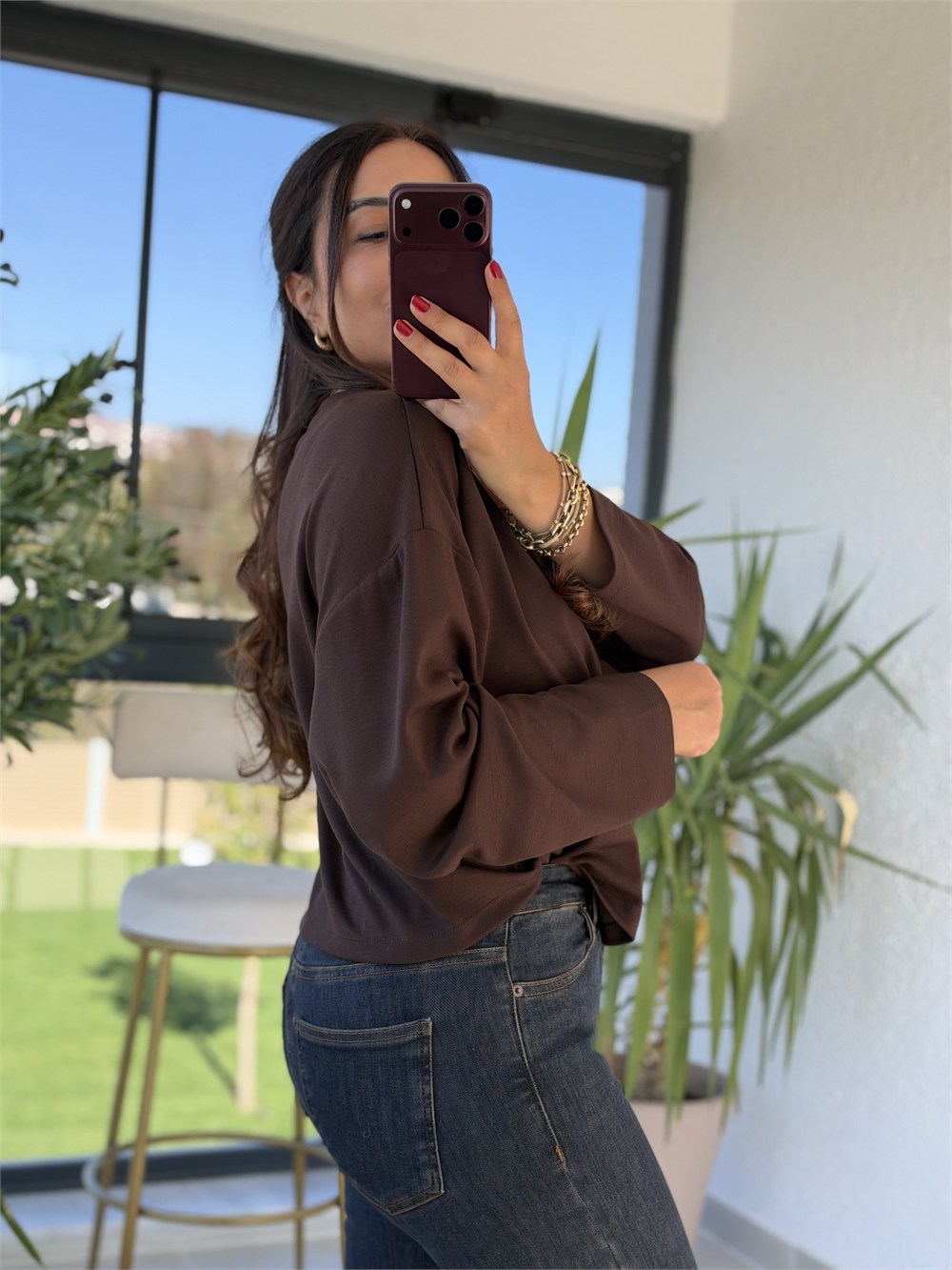 V yaka Oysh Kumaş Bluz Kahve