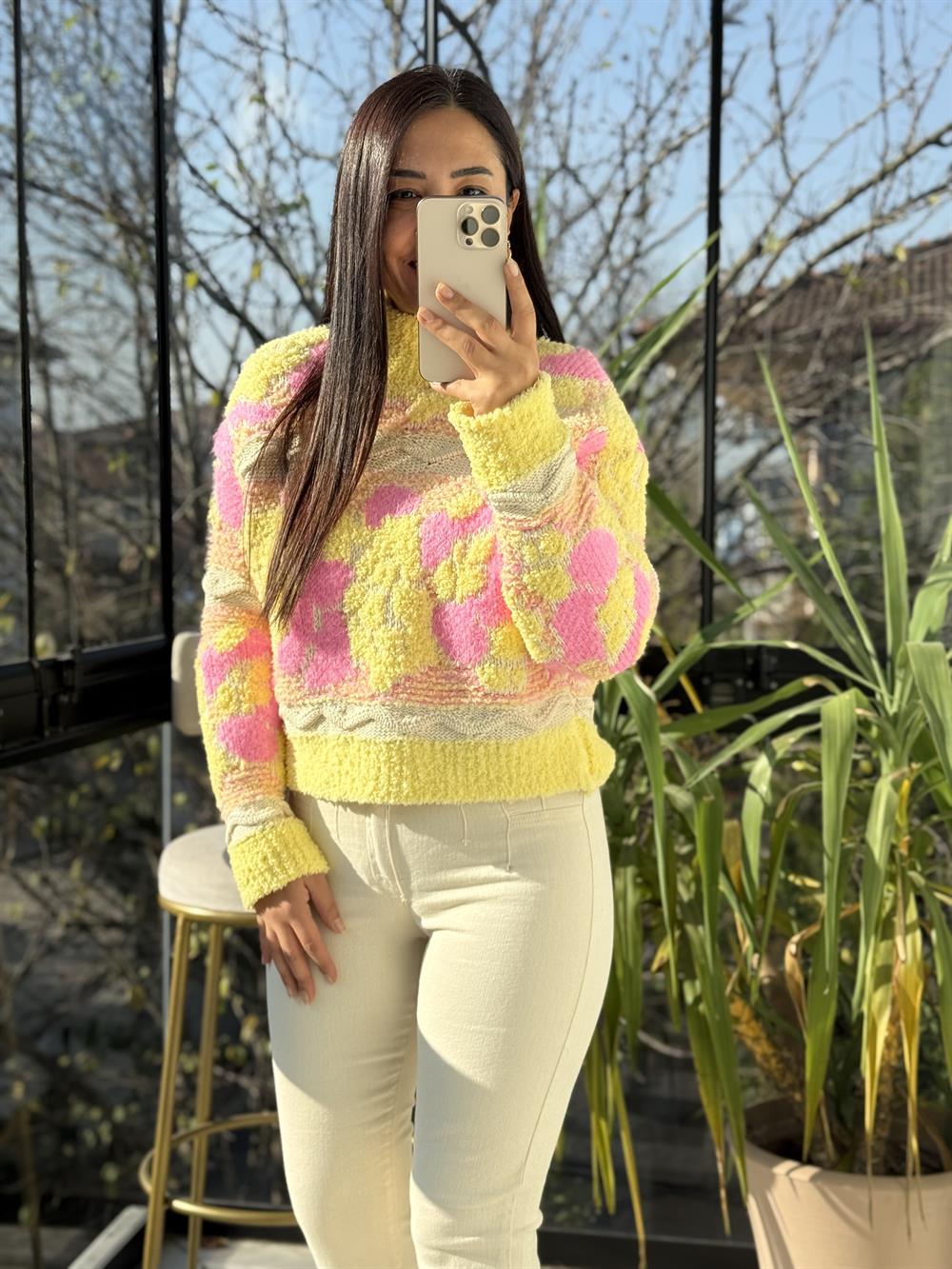 Triko Halı Örgü Kazak Sarı