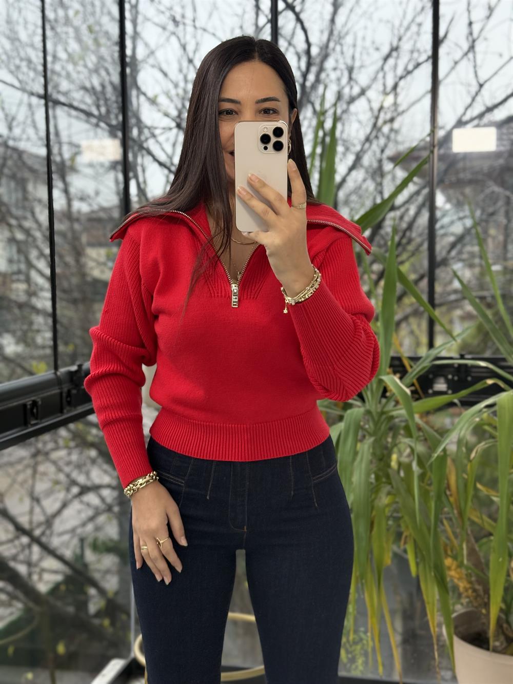 Fermuarlı Crop Triko Kazak Kırmızı