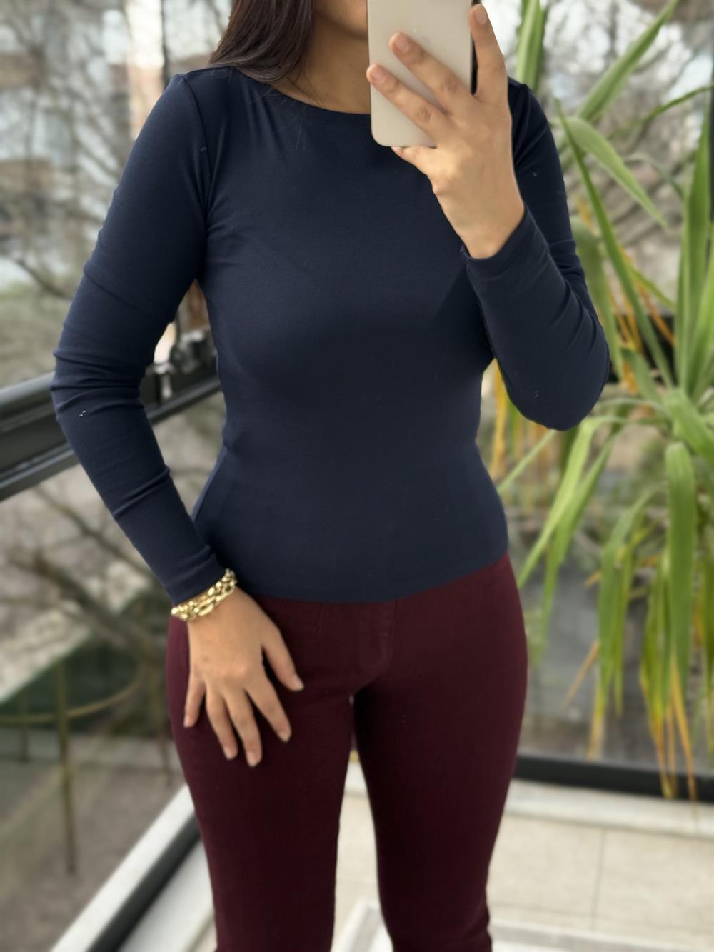 Dilvin Kayık Yaka Uzun Kollu Top Bluz Lacivert