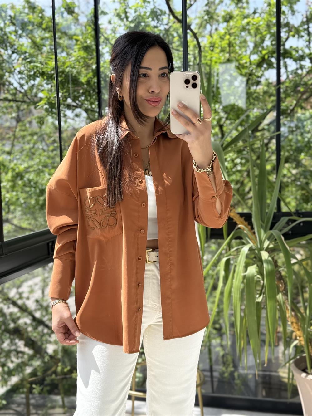 Cebi Nakışlı Gömlek Taba