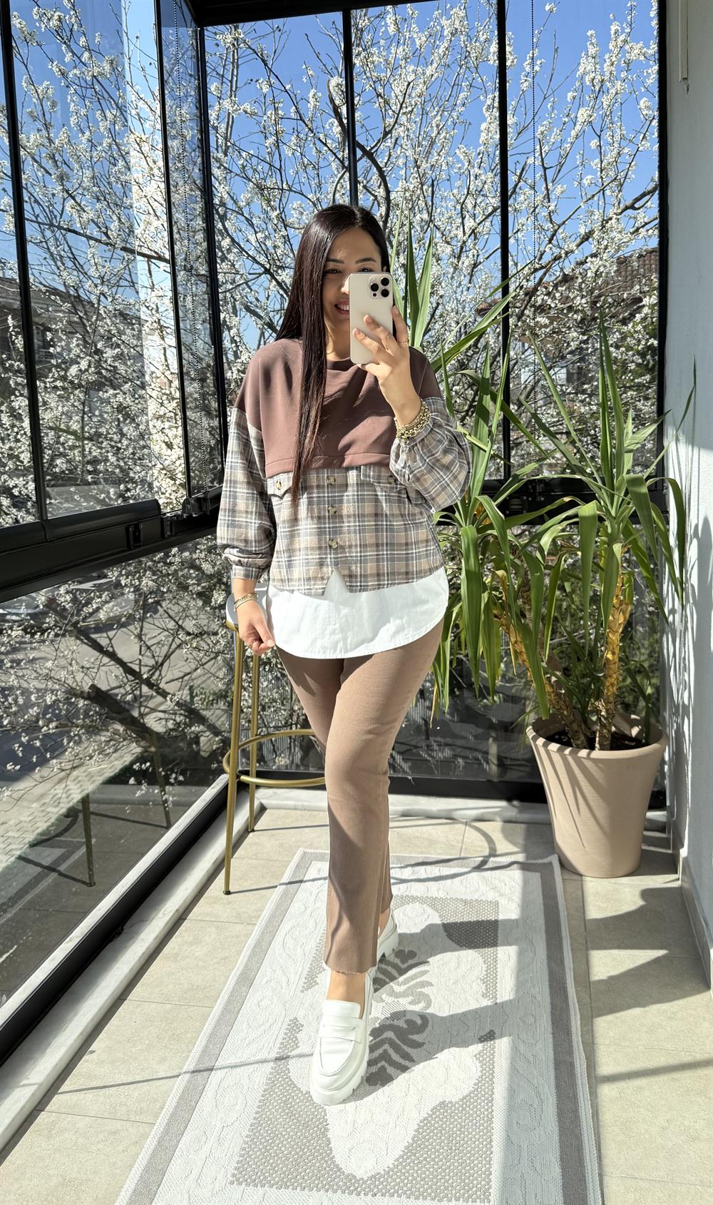 Mix kumaş Sweat Gömlek Kahve