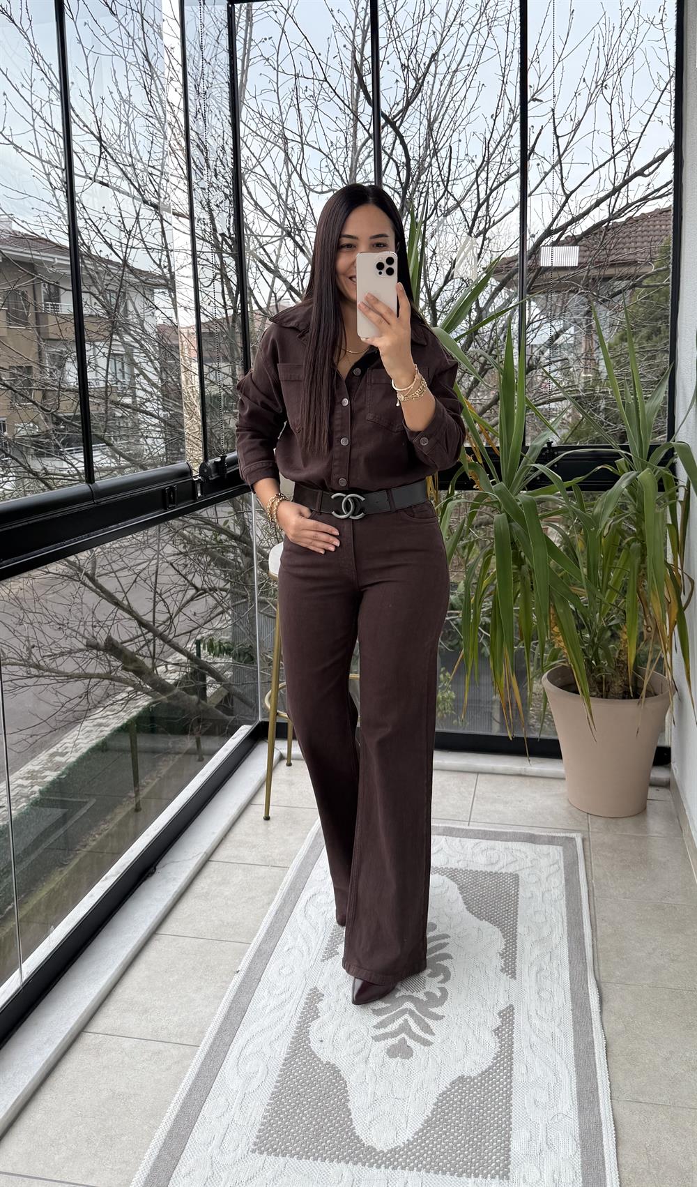 Beli Büzgülü Klasik Kot Tulum Kahve