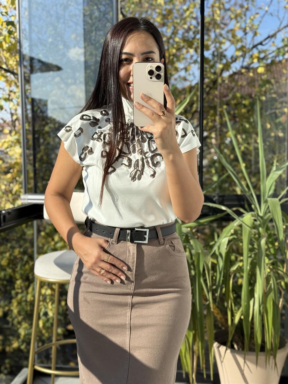 Payetli Modal Bluz Ekru