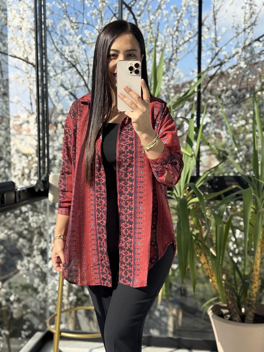 Etnik Desenli Pamuklu Gömlek Kırmızı 