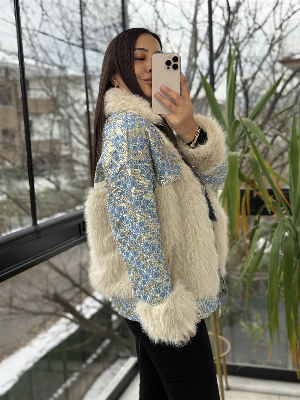 İthal Deri Şeritli Payetli Kürk Bebe Mavi