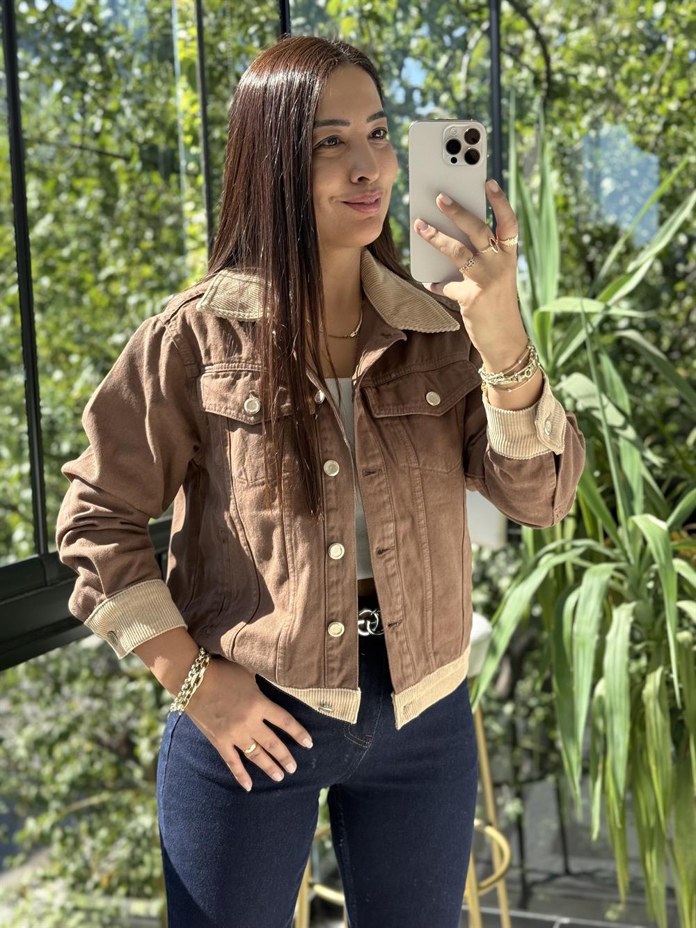 Kadife Detaylı Klasik Kot Ceket Kahve