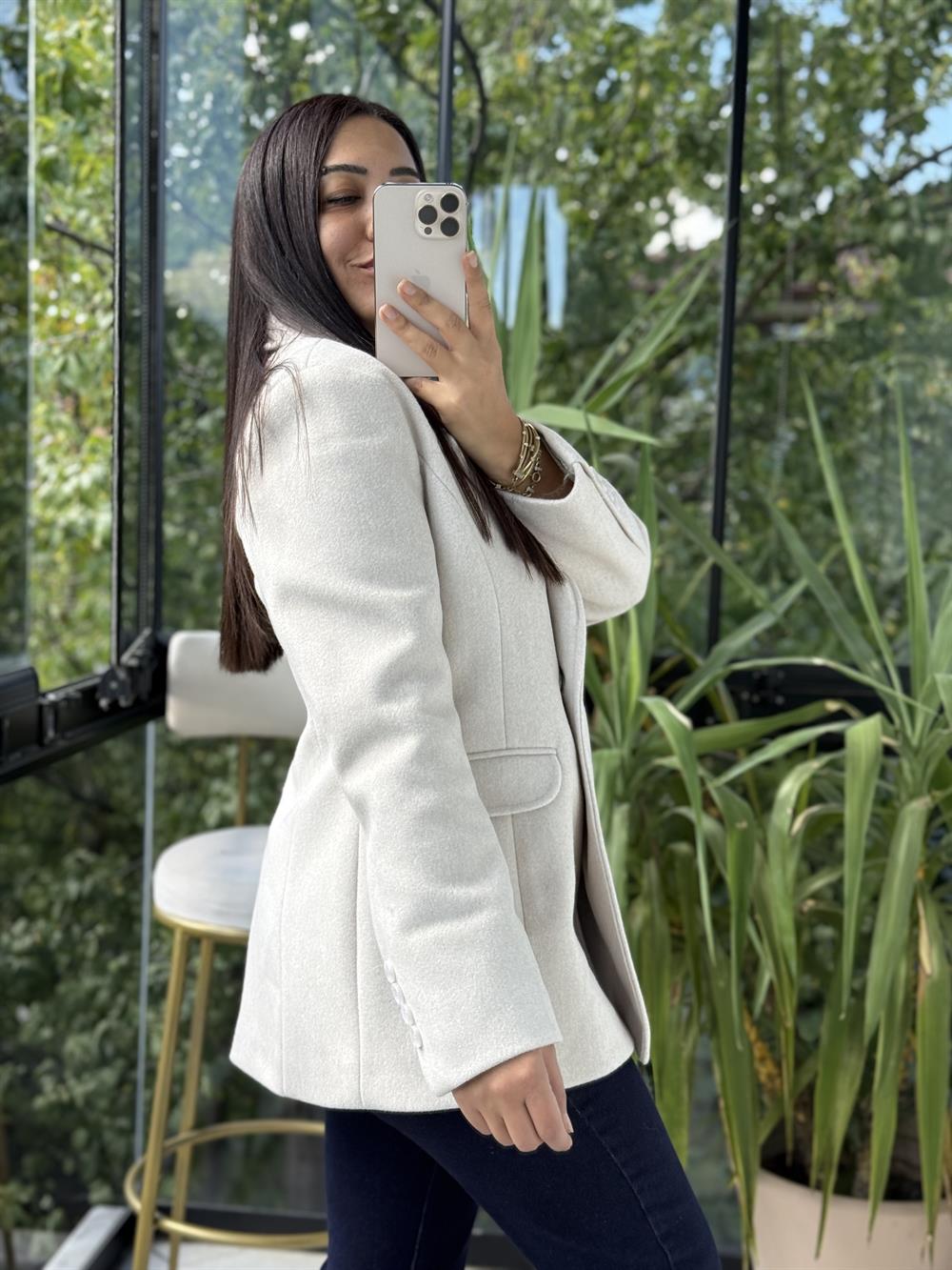 Kaşe Slim Blazer Ceket Krem