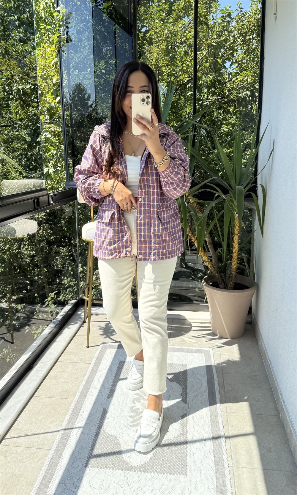 Ekoseli Oversize Yağmurluk Kahve
