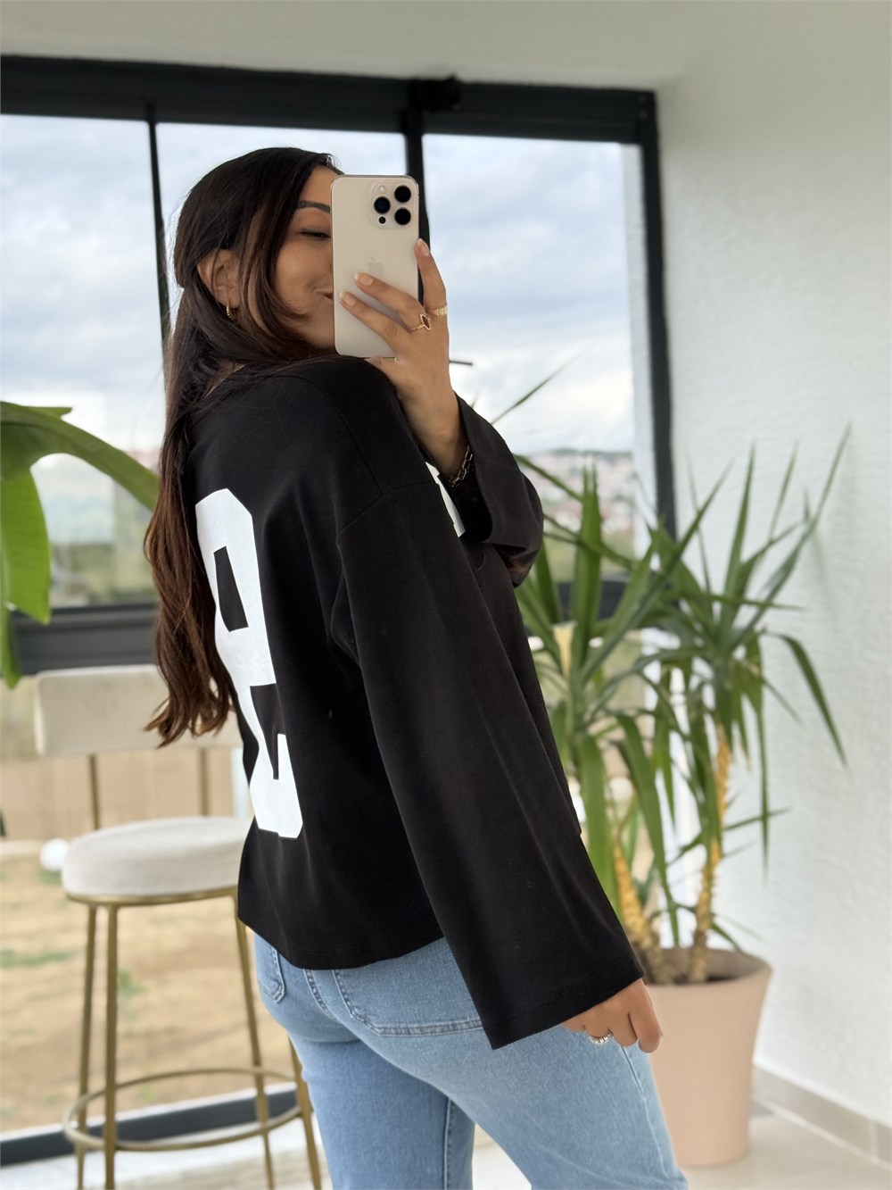 91 Baskılı Basic Sweatshirt Siyah