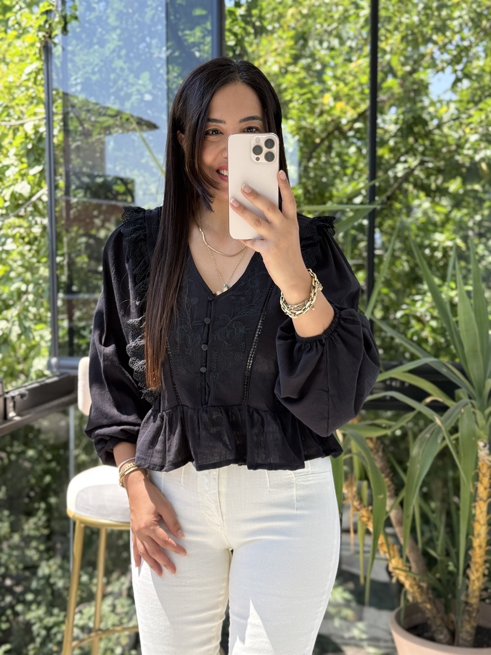 Keten Fırfırlı Bluz Siyah