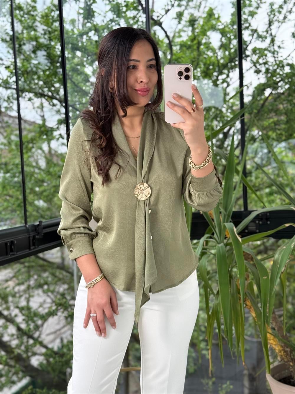 Bağlamalı Tokalı Yaka Detaylı Jakarlı Bluz Haki Yeşili