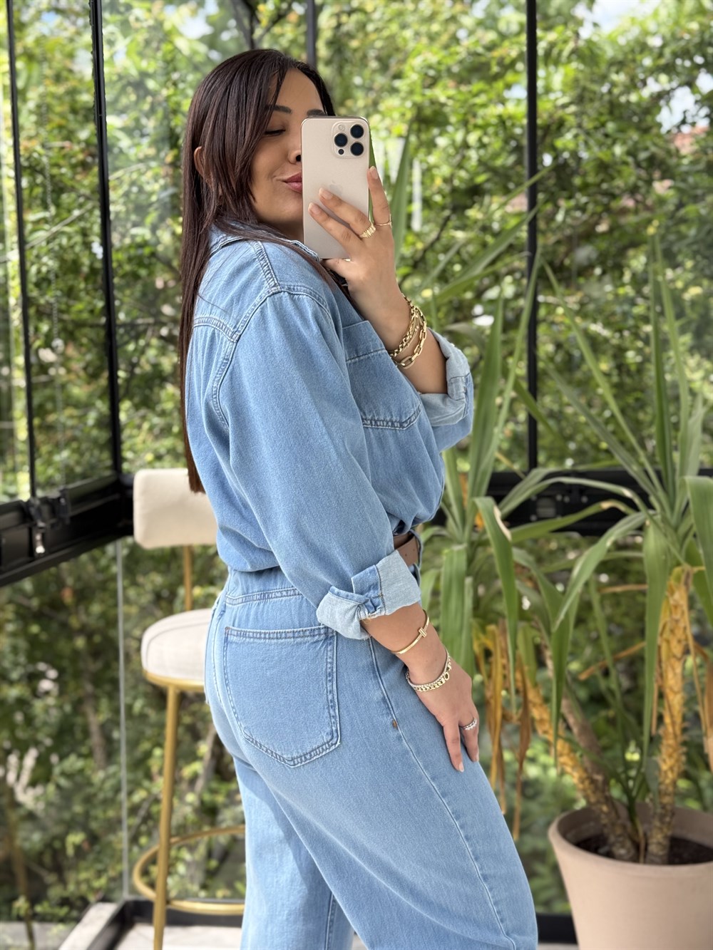 Beli Büzgülü İnce Tulum Mavi