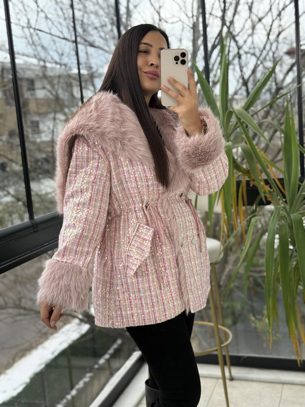İthal Full payetli Kürk Pembe