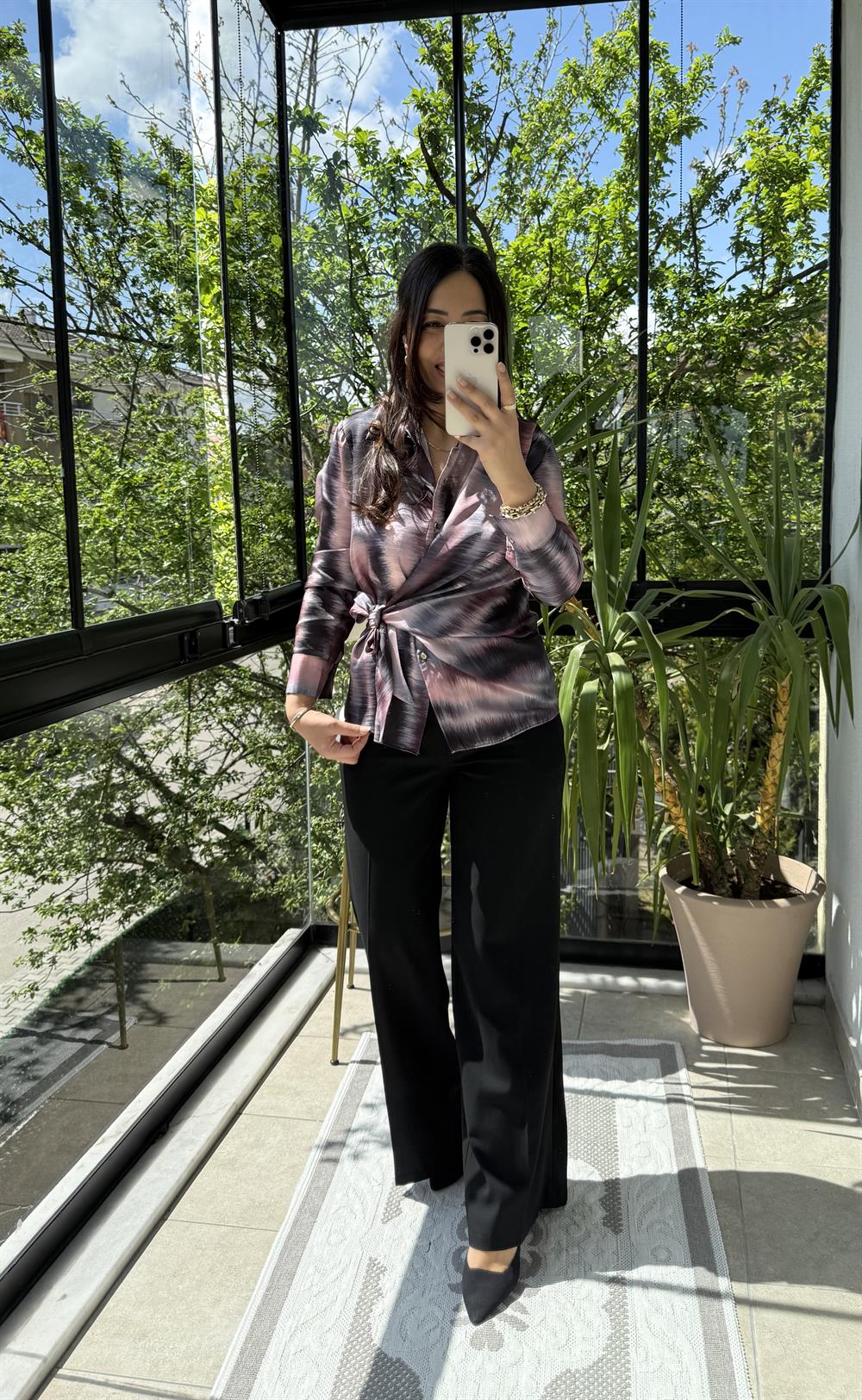 Yandan Bağlamalı Şifon Saten Gömlek Pembe