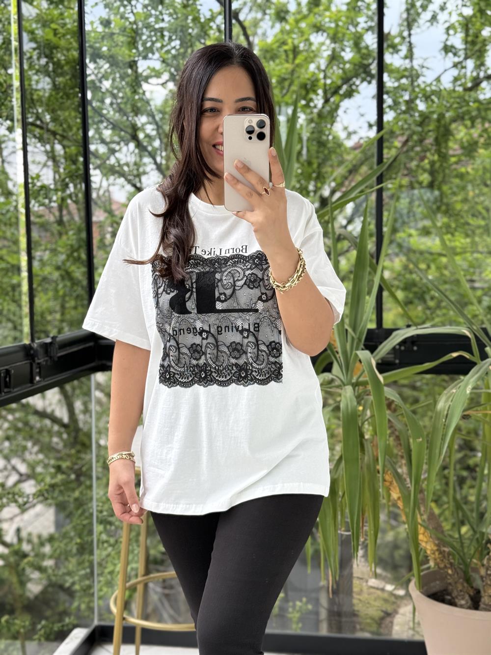 Tül Detaylı Yazılı Tişört Beyaz