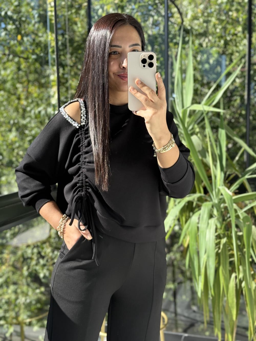 Taş Detay Kordonlu Modal Sweatshirt Siyah