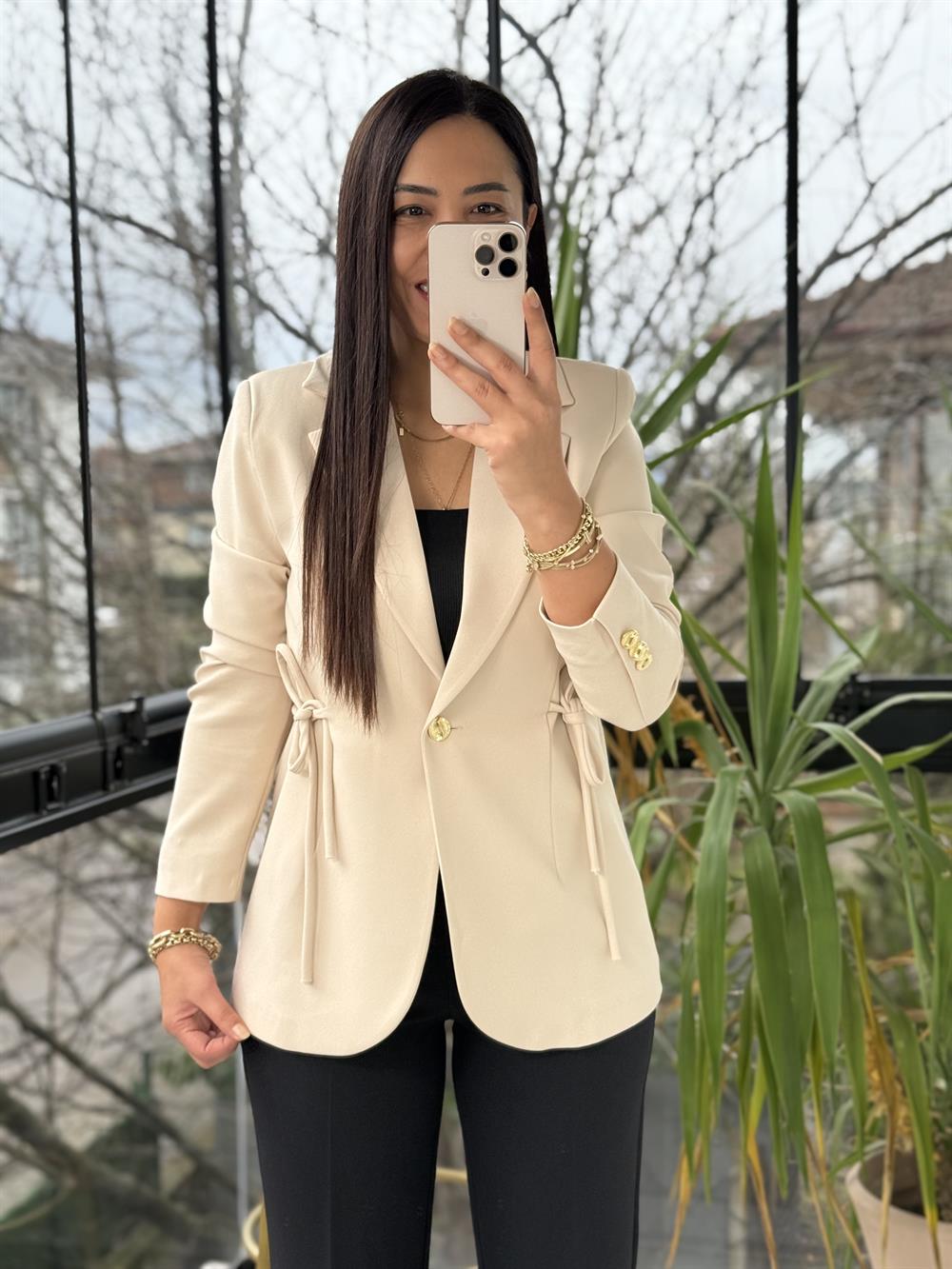 Yanı Bağcıklı Slim Blazer Ceket Taş