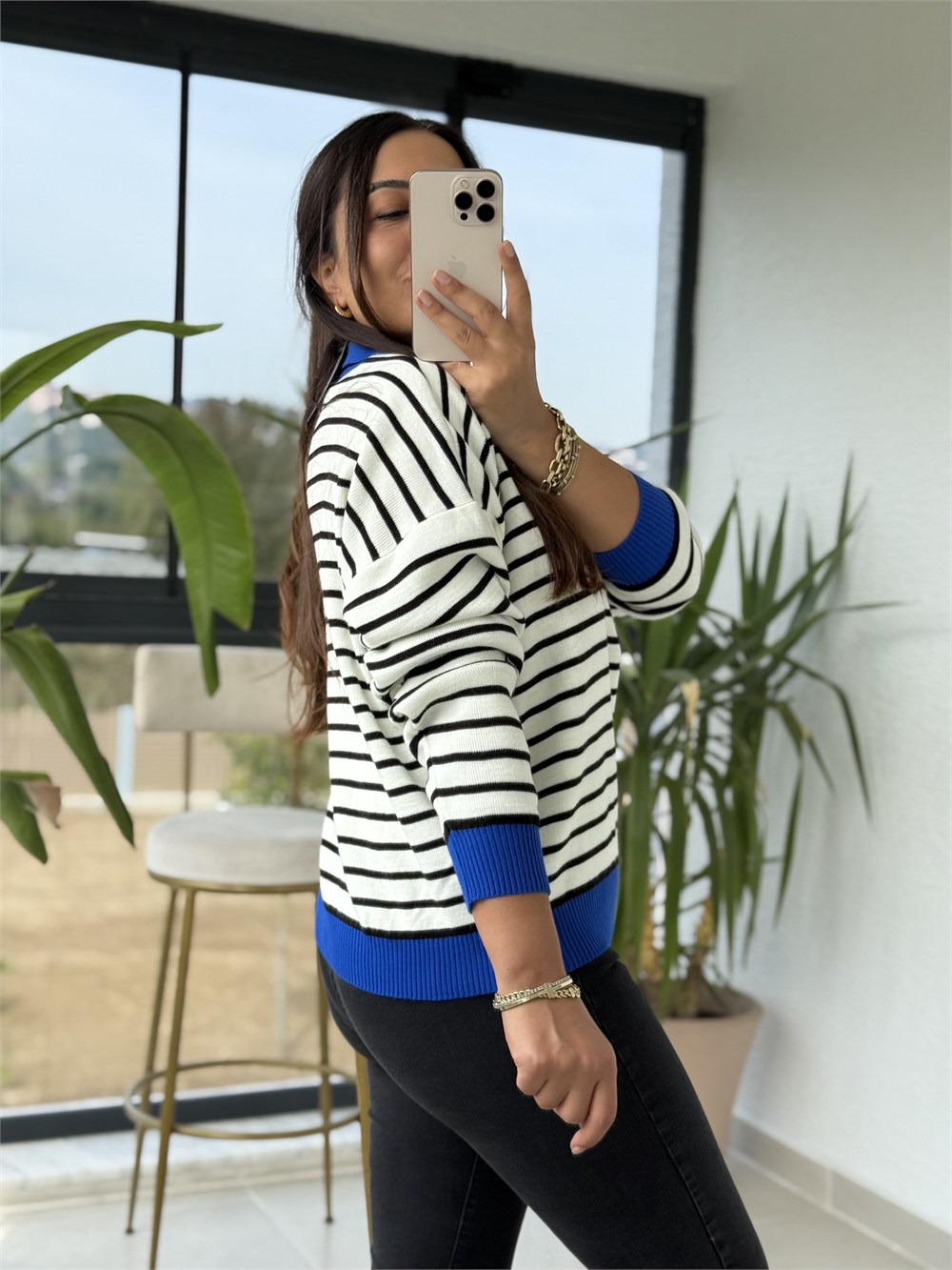 Polo Yaka Çizgili Renk Detaylı Sweatshirt Mavi