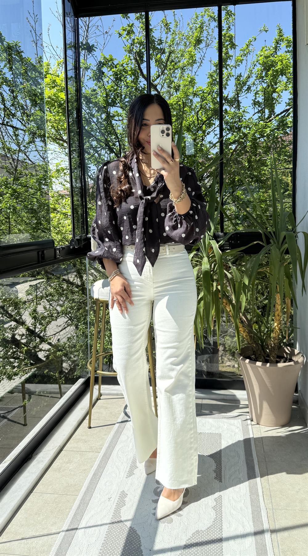 Puantiyeli Bağlamalı Bluz Kahve