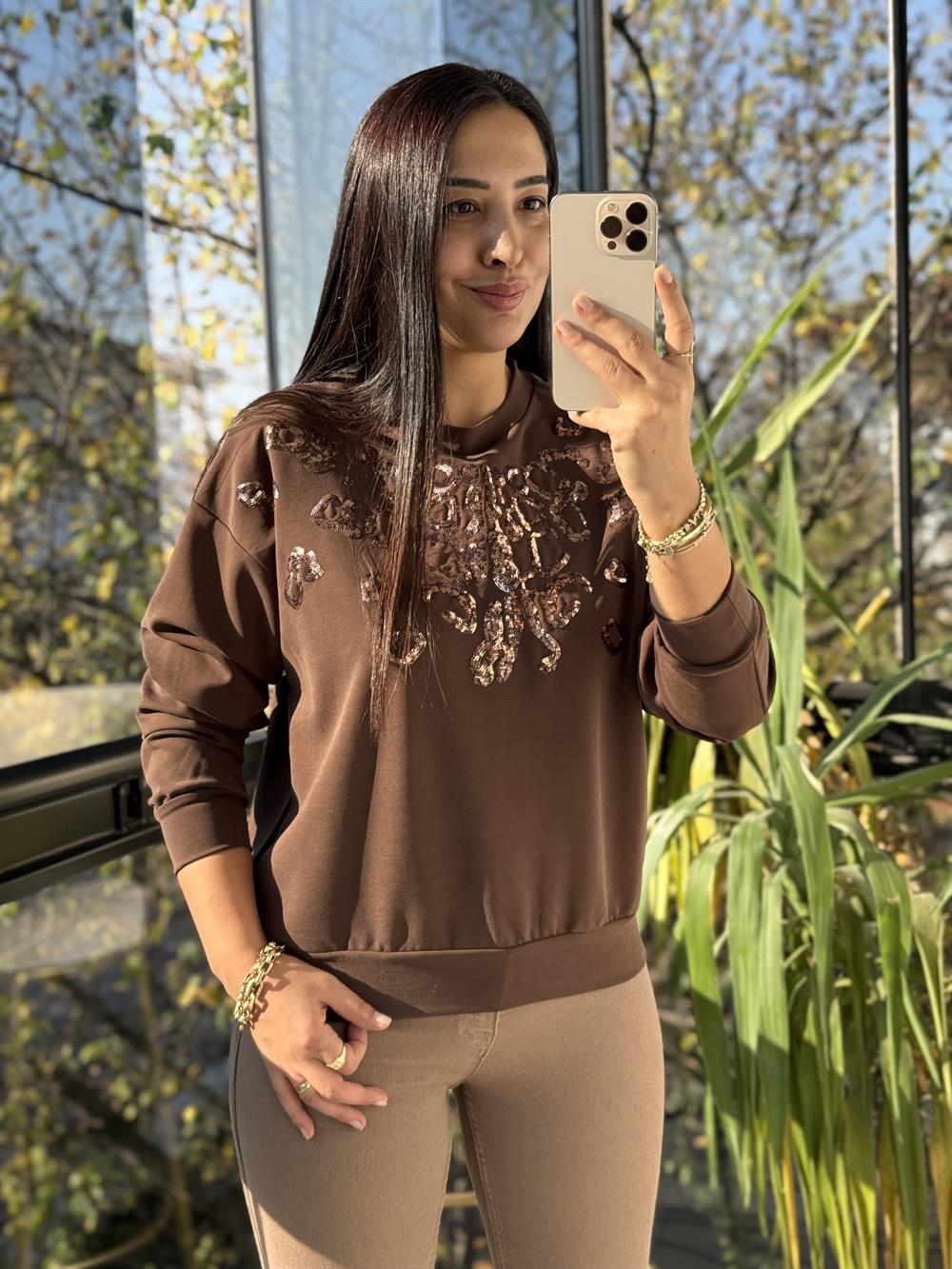 Payetli Modal Sweatshirt Kahve