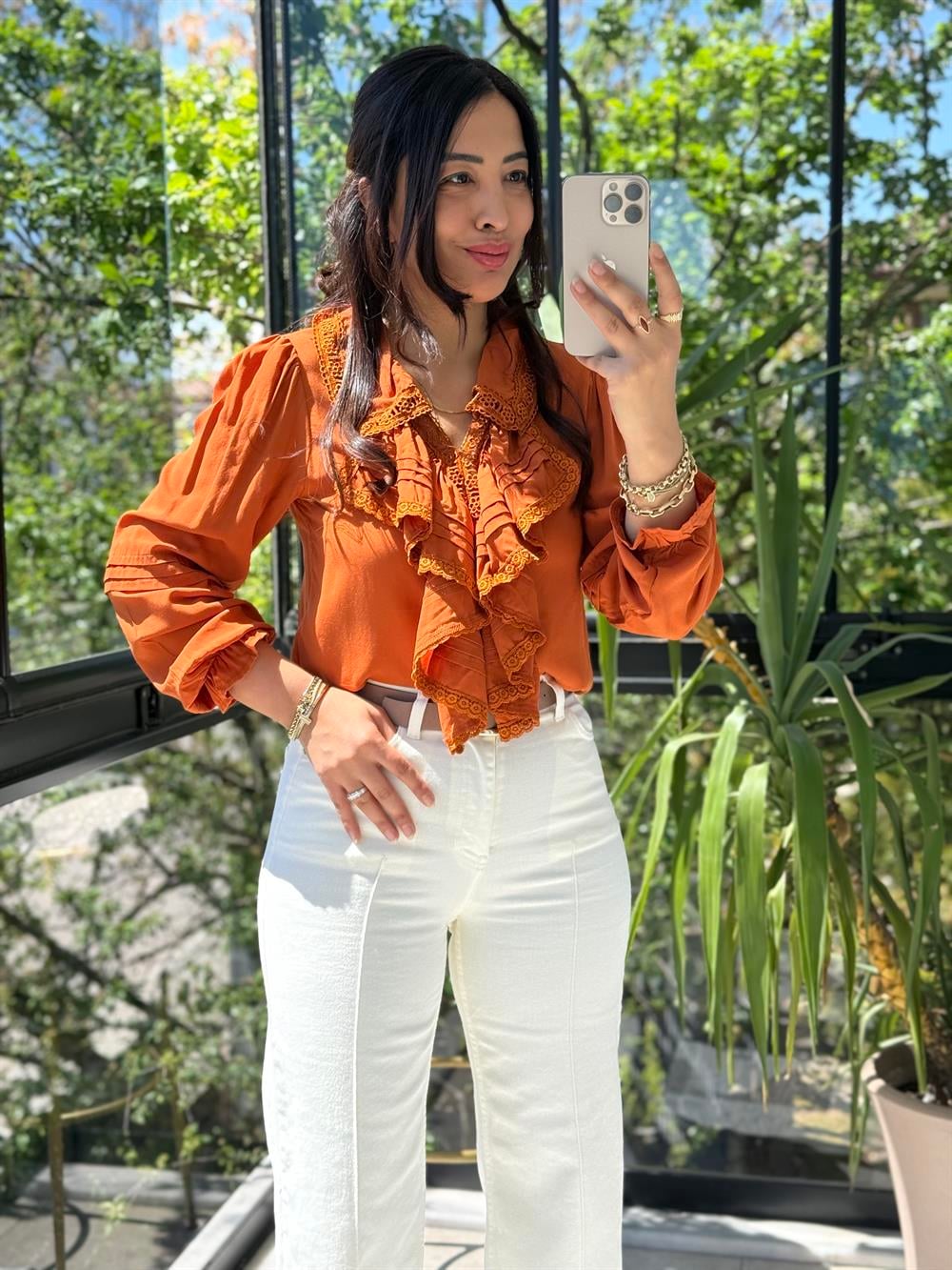 Önü Fırfırlı Bluz Kiremit