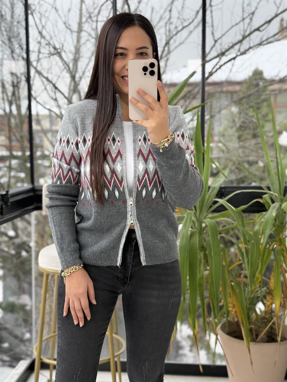 Geometrik Desenli Çift Fermuarlı Hırka Gri