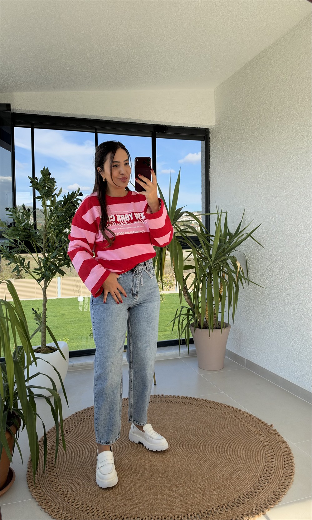 Kalın Çizgili New York Ctiy Sweatshirt Kırmızı