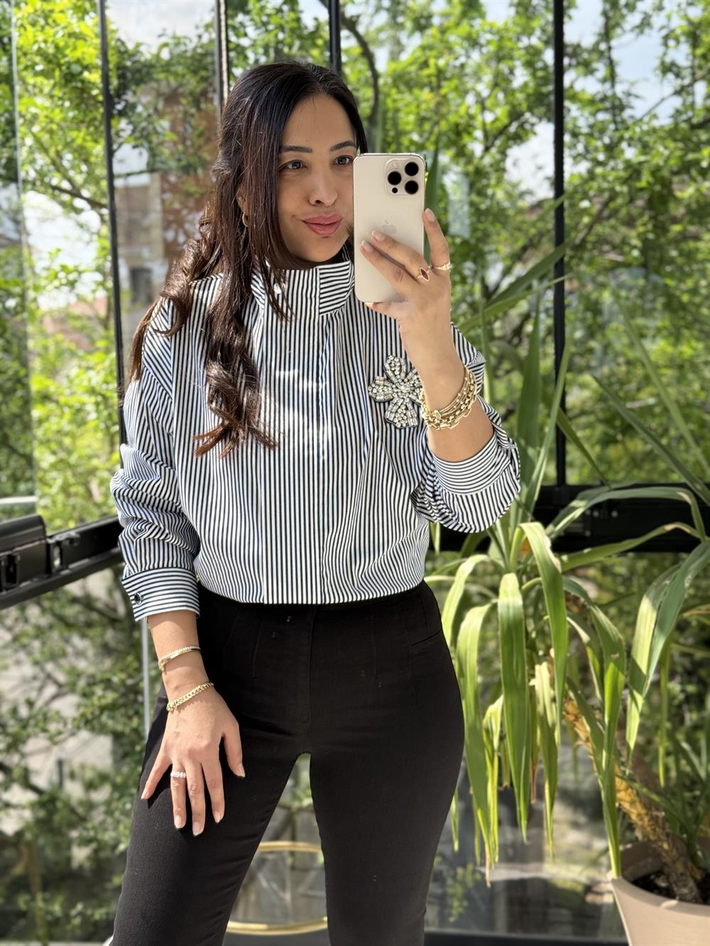 Yüksek Yaka Beli Lastik Detay Mini Çizgili Ceket Siyah