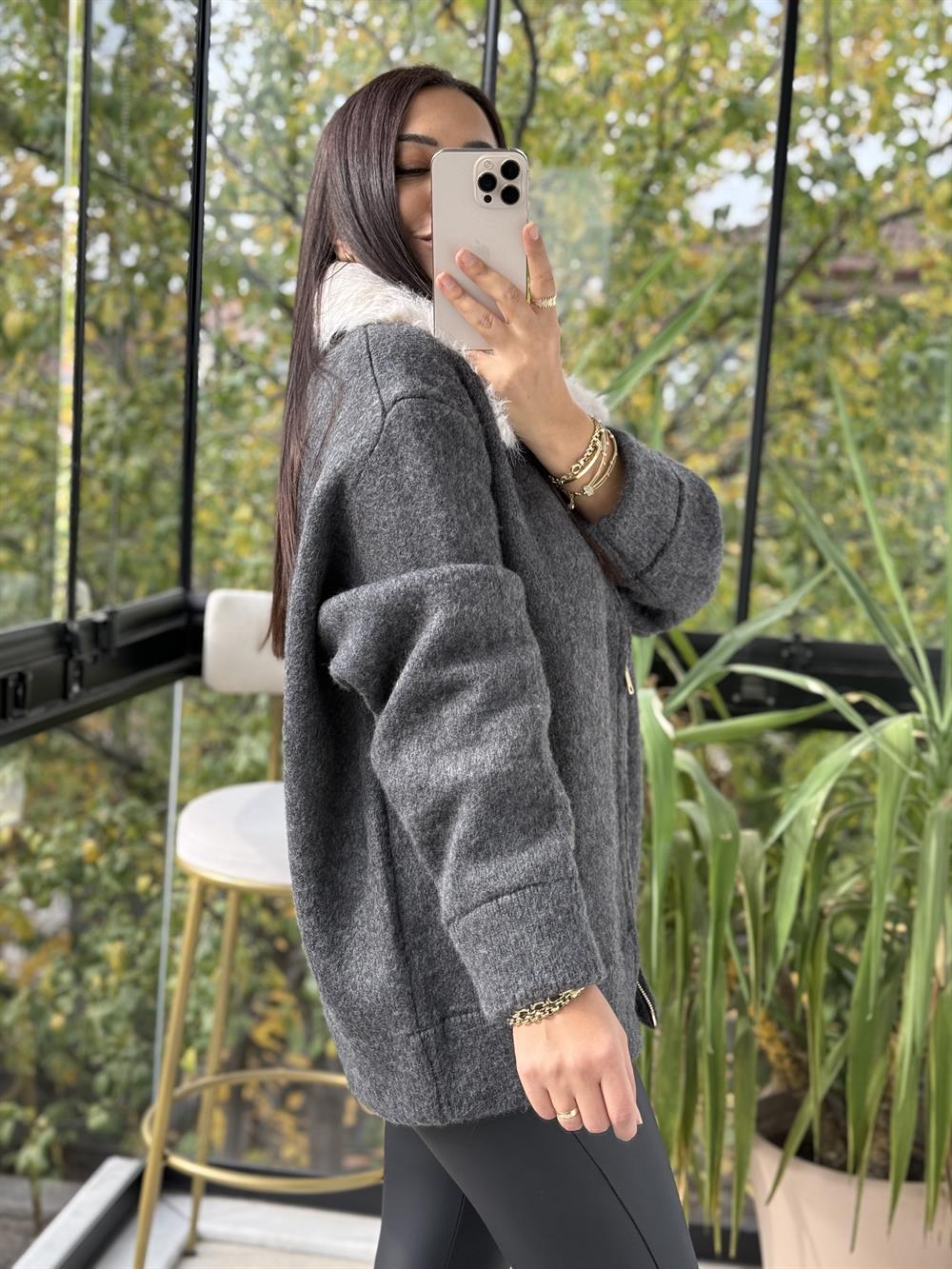 Kürk Yakalı Şardonlu Hırka Antrasit 