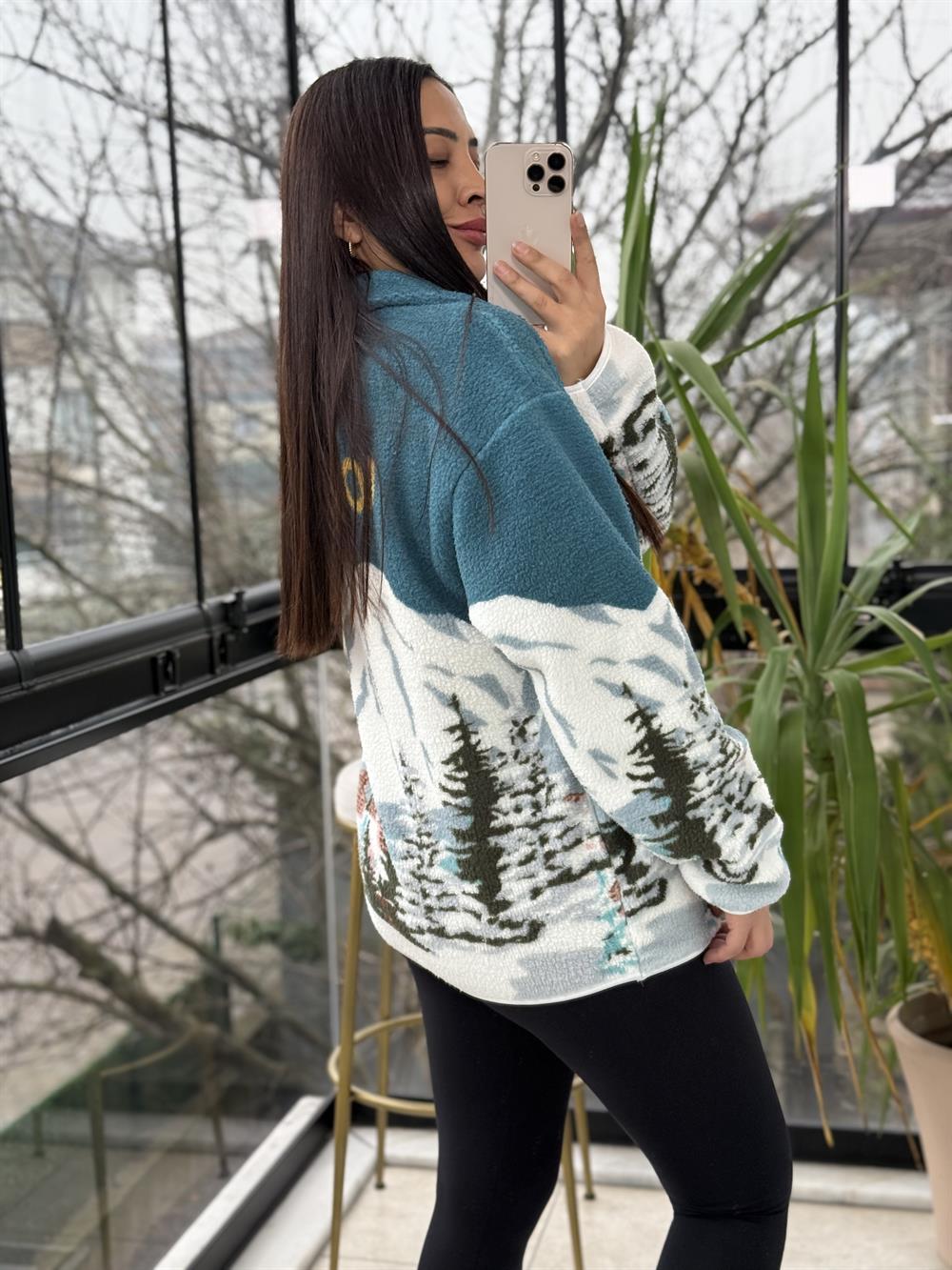 Desenli Yarım Fermuarlı Polar Sweat Mavi