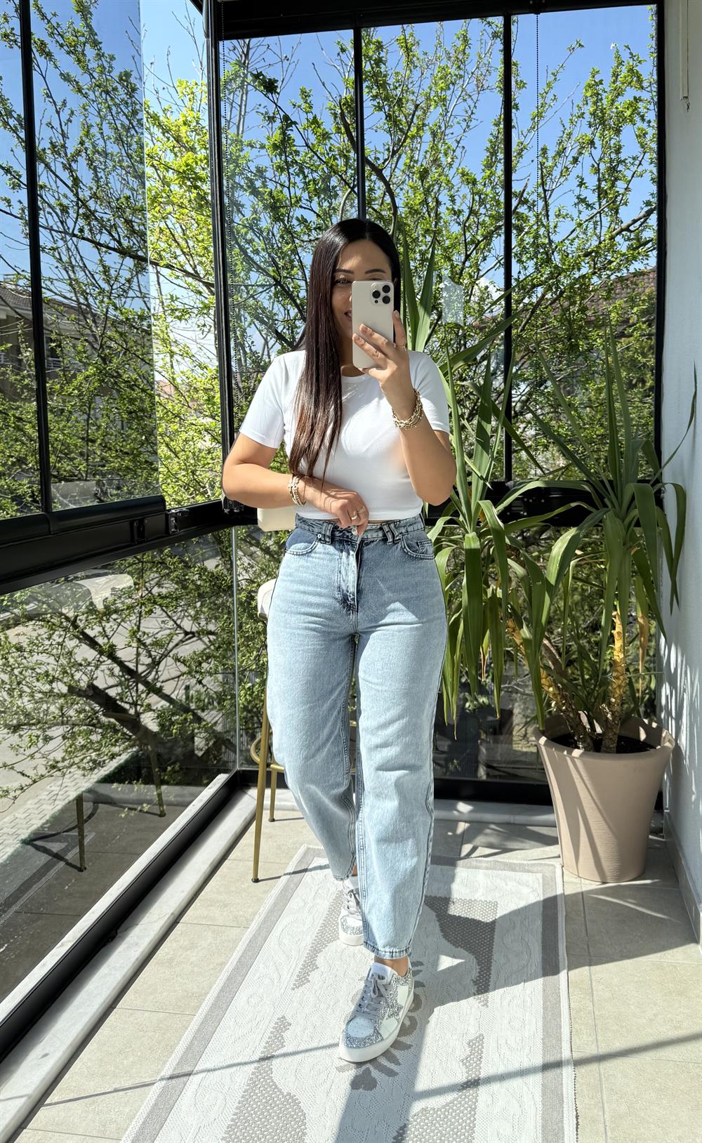 Likrasız Mom Fit Jean Kar Yıkama